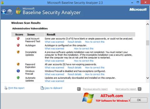 Captură de ecran Microsoft Baseline Security Analyzer pentru Windows 7