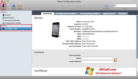 Captură de ecran iPhone Configuration Utility pentru Windows 7